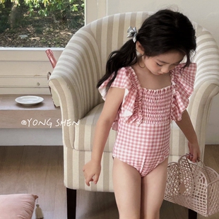 KS女童女宝宝粉嫩格子花边连体泳衣女孩度假儿童泳装 2025夏季 新款