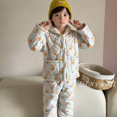 儿童睡衣男童秋冬款2025新款三层夹棉冬季加绒加厚女童宝宝家居服