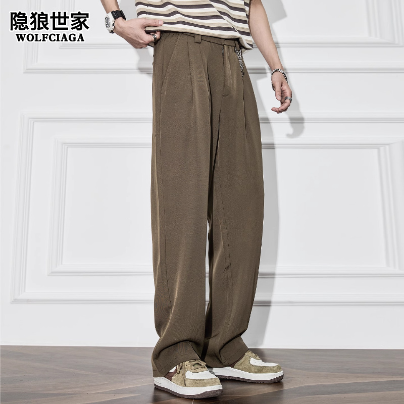 隐狼世家凉感西裤男夏季薄款垂感直筒裤子潮牌宽松阔腿休闲西装裤