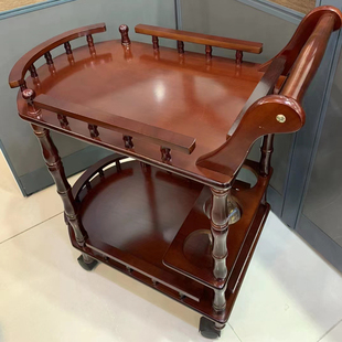 中式酒店餐厅双层实木餐车滑轮茶酒水推车美容院手推车移动餐边架