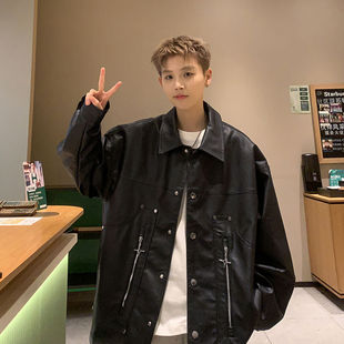 春秋季港风复古皮衣夹克机车翻领外套美式纯色潮牌皮夹克上衣外穿