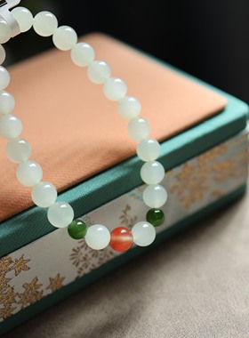 和田玉手串冰底起胶南红碧玉配珠