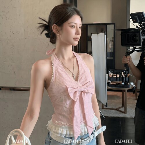 法式挂脖蕾丝v领格子背心女夏新款立体蝴蝶结吊带无袖裙摆小上衣