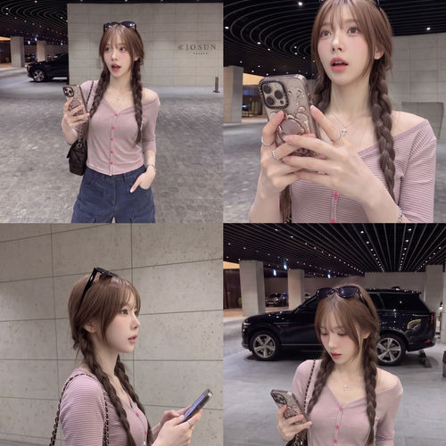 Y2K甜辣撞色条纹露肩t恤女早秋小众v领排扣高腰显瘦中袖短款上衣