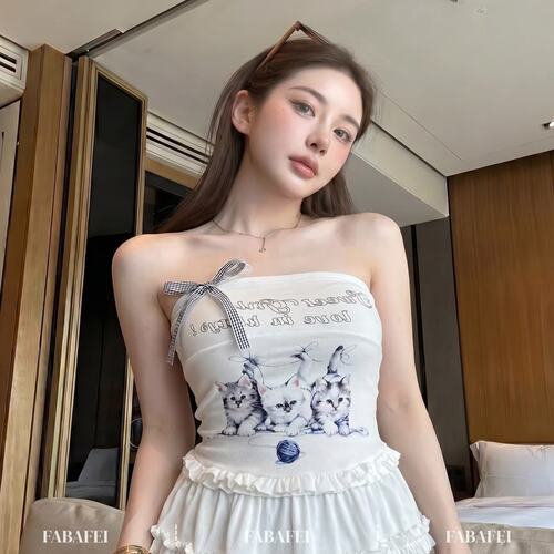 甜妹风猫咪印花裹胸背心女夏款格子蝴蝶结抹胸无袖木耳边下摆上衣