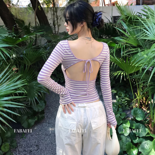 清甜活力风条纹长袖t恤女早秋大u领后背镂空修身短款弹力打底上衣