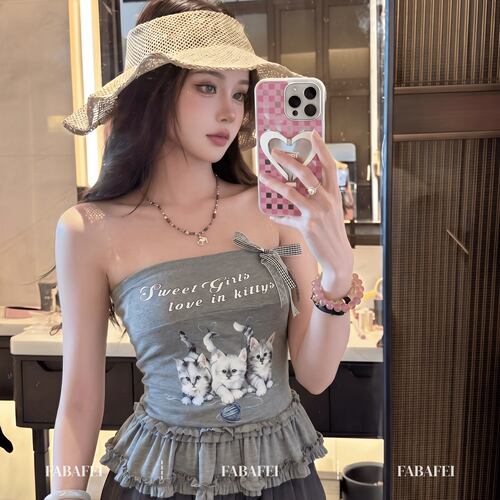 奶系甜酷风猫咪印花抹胸女2026夏季荷叶边短款遮副乳无袖下摆上衣