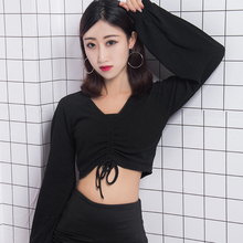 短款 露脐抽绳褶皱百搭时尚 欧美风潮 T恤女2019新款 针织上衣V领长袖