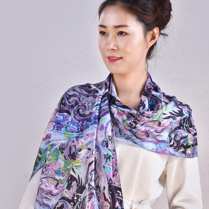 敦煌壁画真丝丝巾女长巾民族风围巾纯桑蚕真丝披肩两用丝巾女