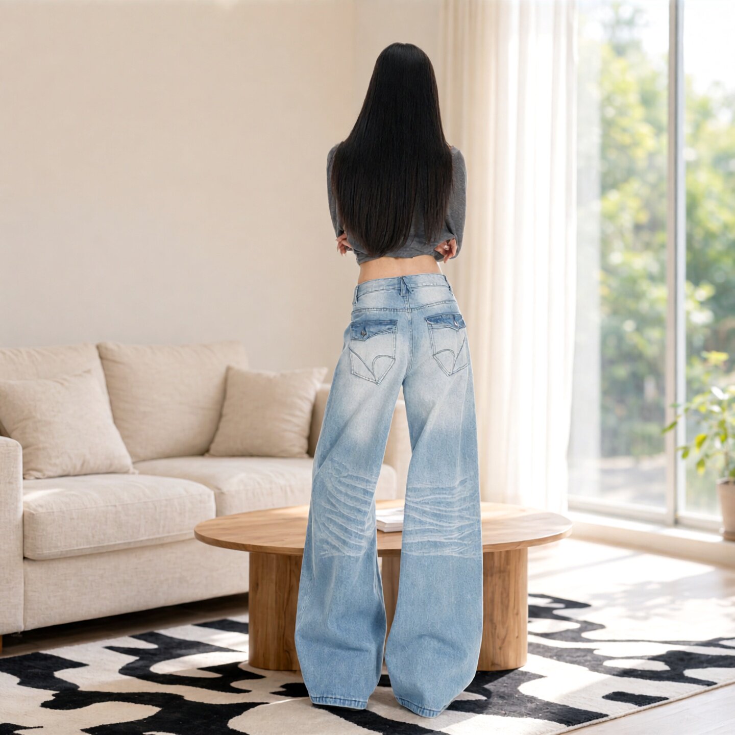 做旧猫须压褶高腰阔腿牛仔裤女
