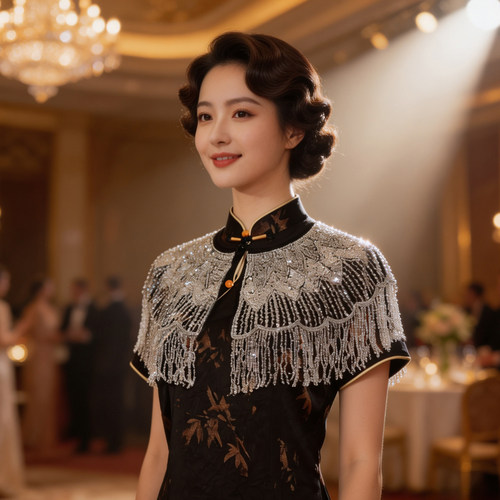 高级银蕾丝流苏旗袍披肩礼服外搭