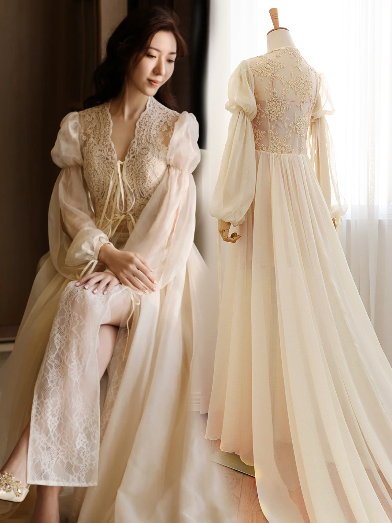 晨袍女新娘蕾丝伴娘睡美人拖尾长结婚睡衣服蕾丝睡袍高级感白色