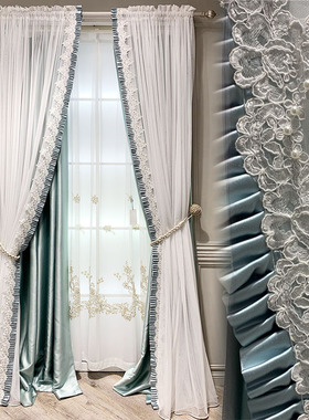 轻奢美式韩式田园白色六角网格纱蓝色高经密衬布窗帘盘绣绳绣纱