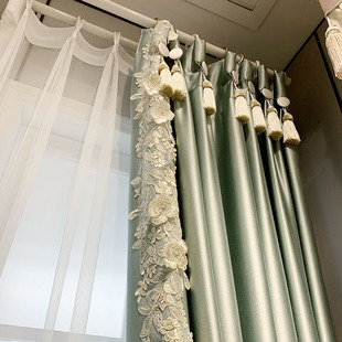 浅绿加厚高经密遮光挡风客厅卧室窗帘盘带浮雕绣花纱美式法式轻奢