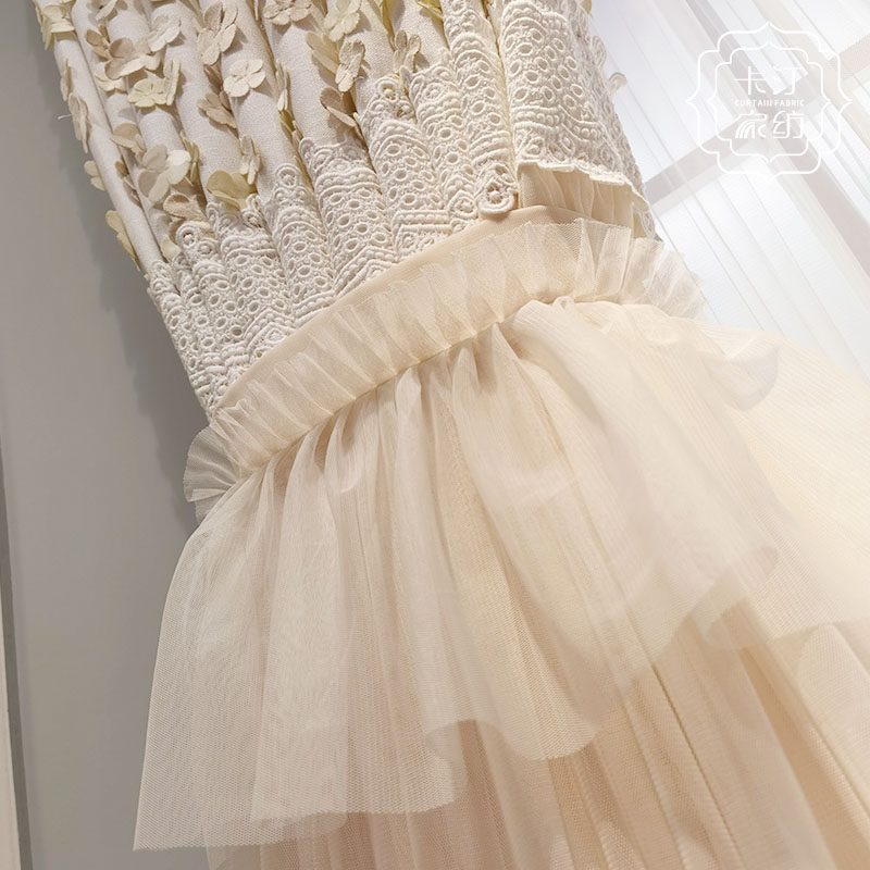 卡汀日式韩式田园公主风粉色樱花白色棉麻裙摆卧室窗帘百叶窗纱