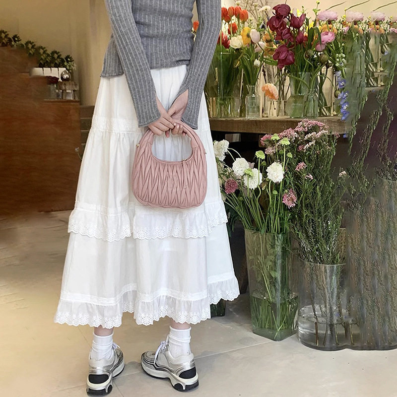 棉质拼接荷叶边设计感伞裙清新风白色半身裙女学生春夏新款白裙子