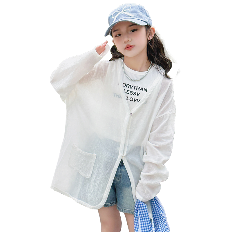 女童防晒衣轻薄外套2024夏季新款棉麻透气空调服宽松中长款防晒服