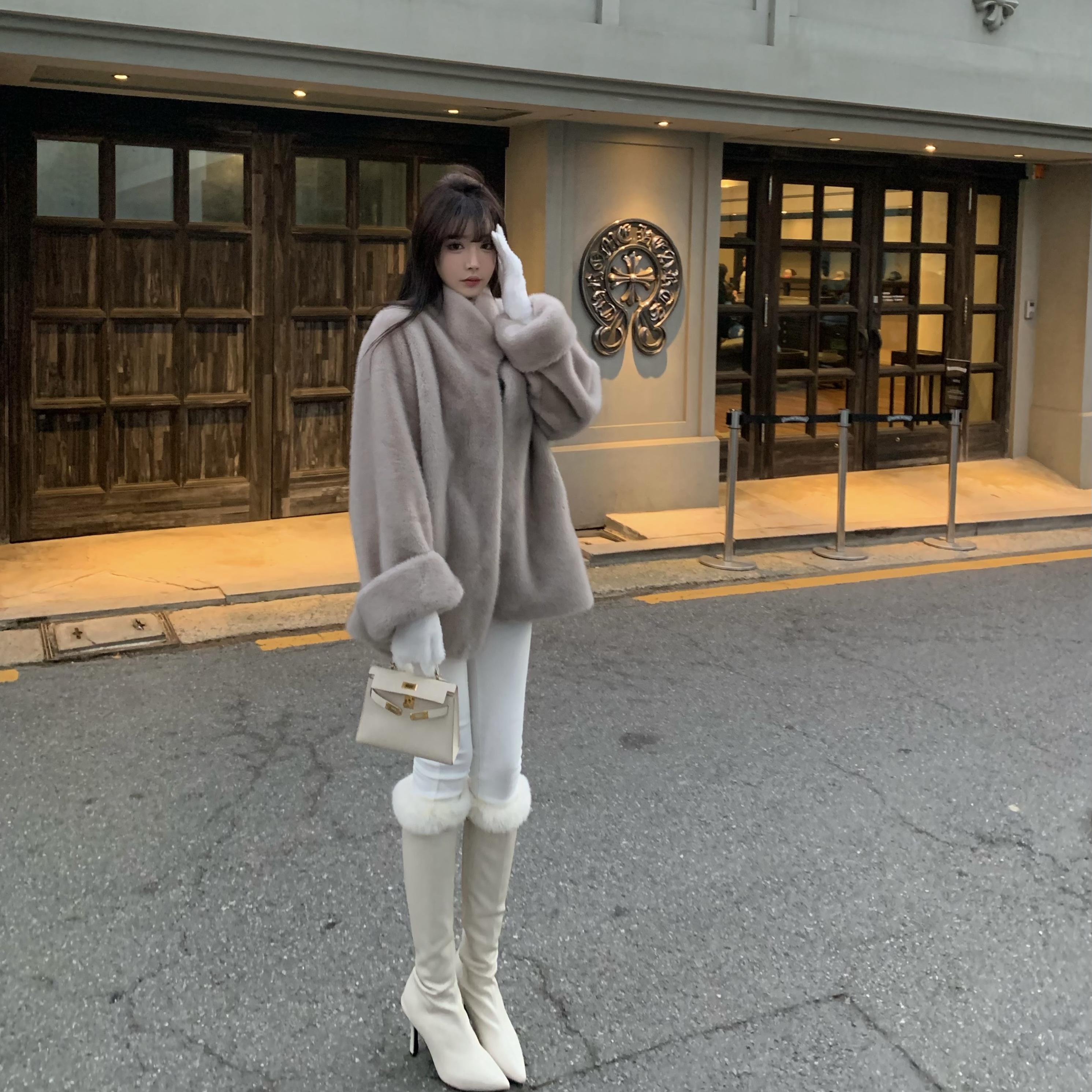 Liuu嘻嘻阿韩版水貂毛立领皮毛一体上衣女暖冬保暖包裹性毛毛外套