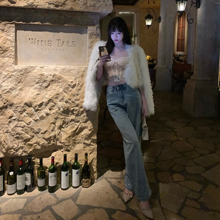 Liuu嘻嘻阿星河璀璨带钻直筒裤女设计感显瘦高腰宽松裤腿牛仔裤