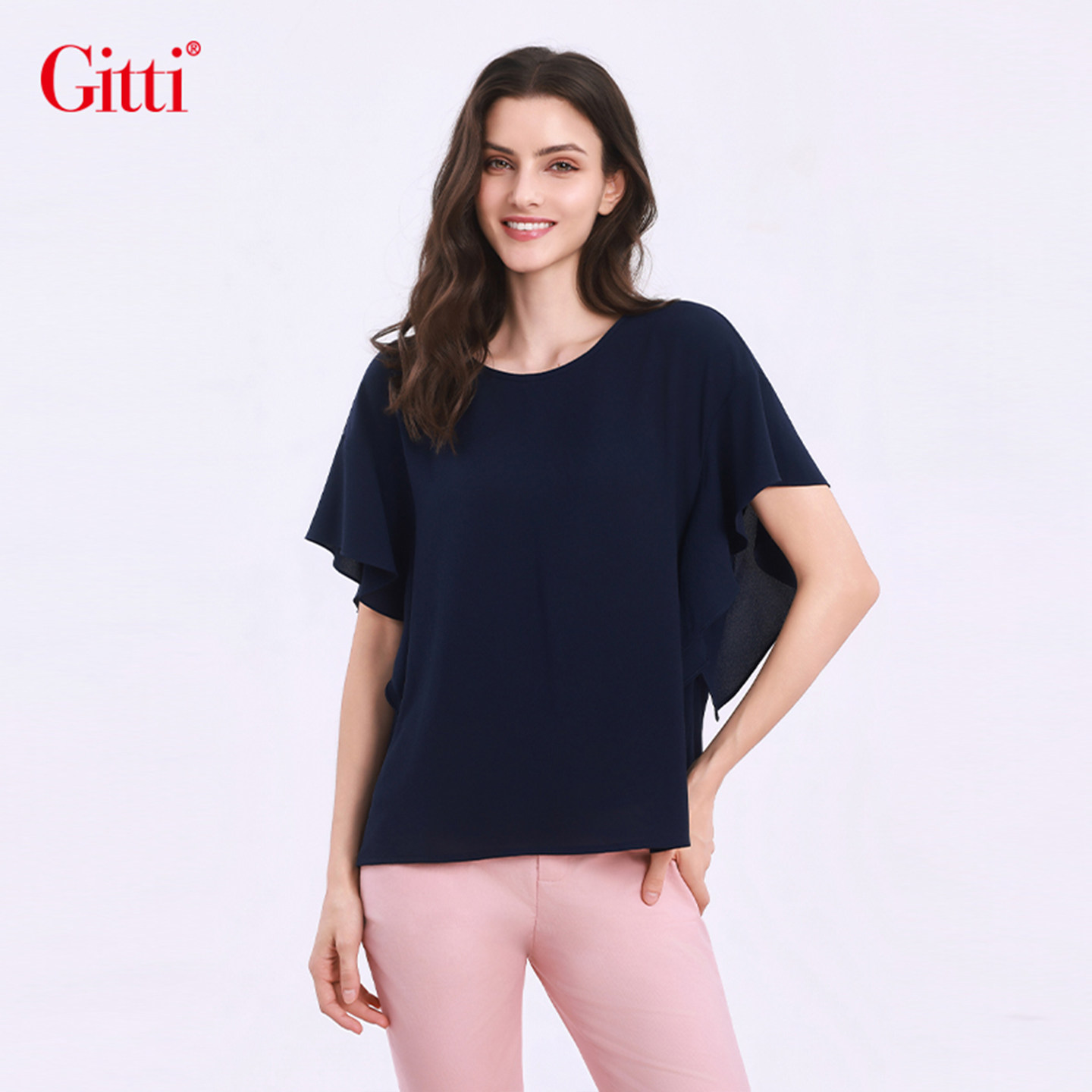 Gitti/吉蒂飘逸藏肉连肩蝴蝶袖圆领T恤女显瘦大码短袖上衣G261553