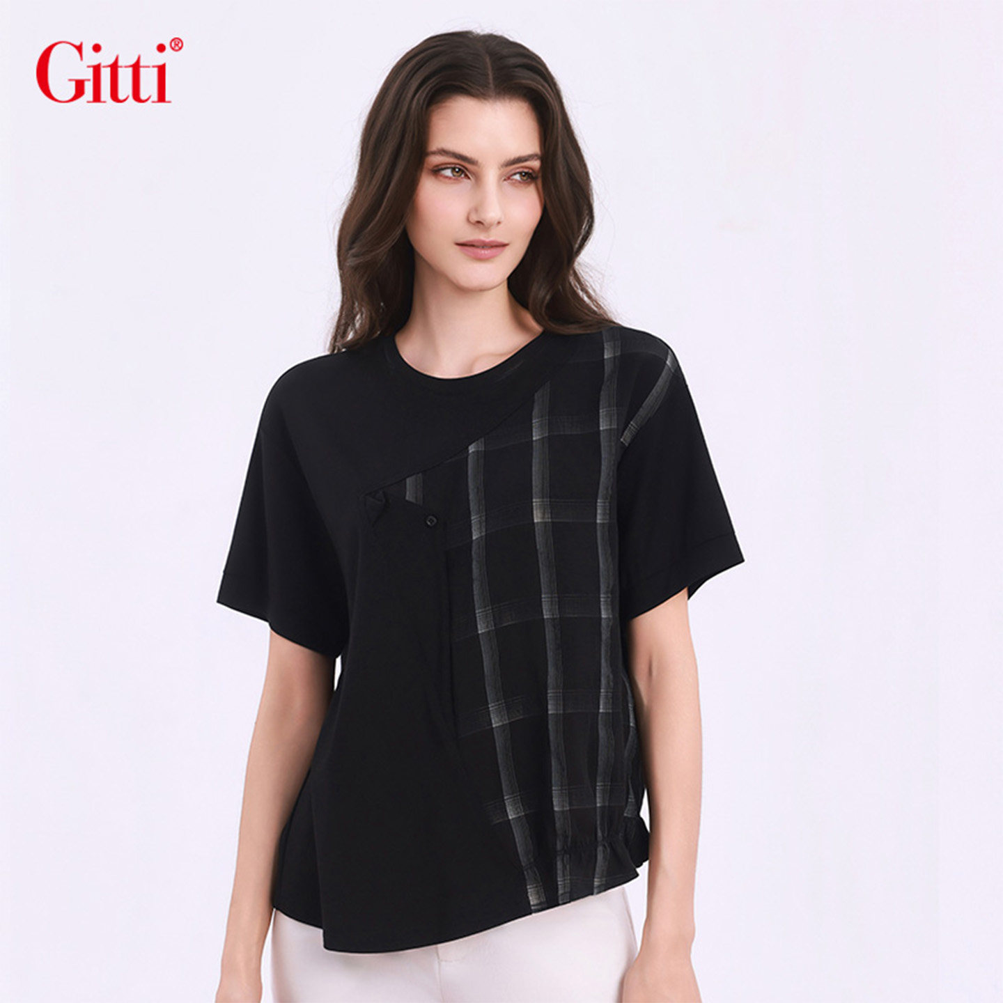 Gitti/吉蒂格纹拼接圆领短袖女宽松大码显瘦T恤G261682