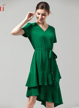 Gitti/吉蒂修身束腰V领连衣裙女多层荷叶边不规则下摆裙G202086