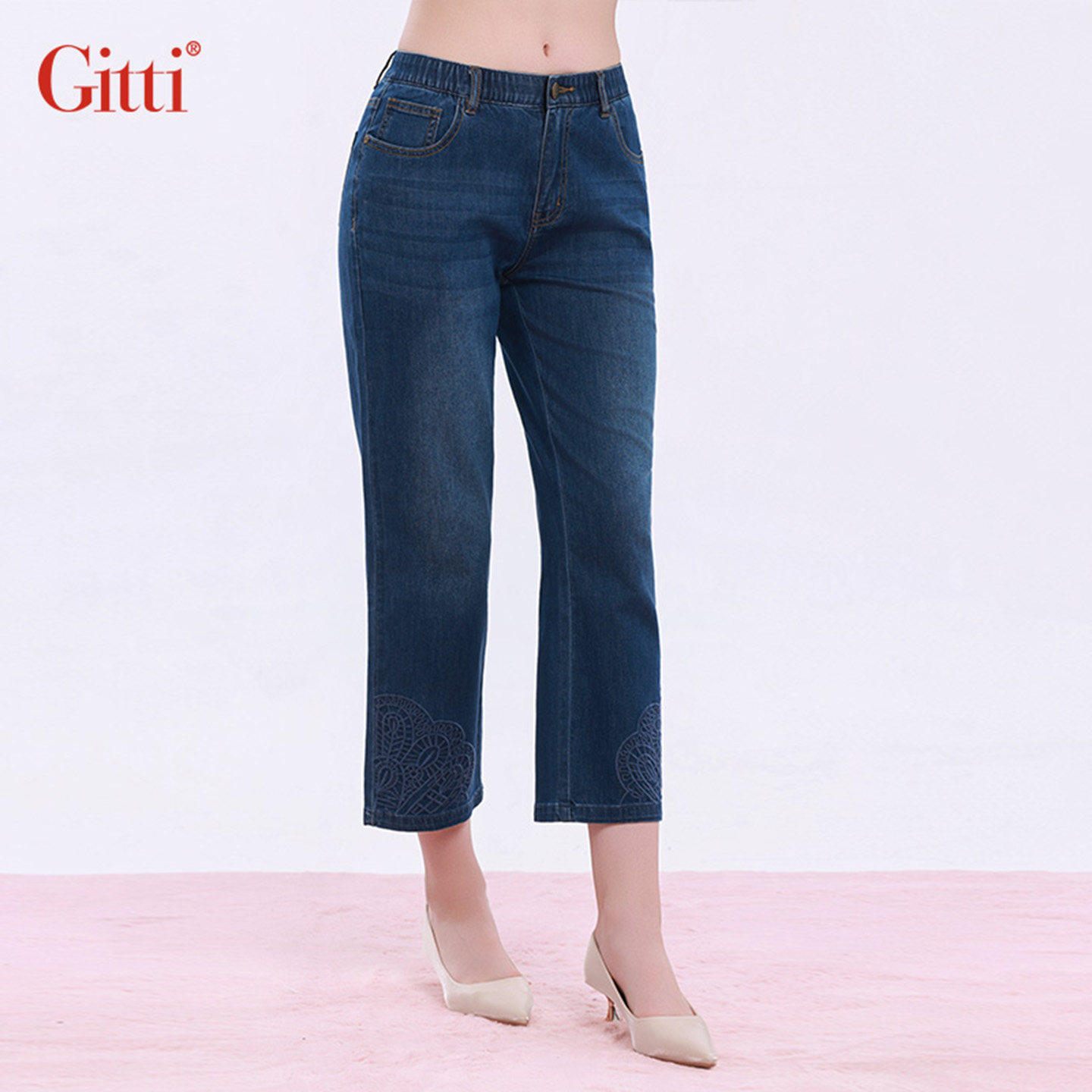 Gitti/吉蒂绣花直筒百搭牛仔裤女棉微弹百搭八分裤G261059,女装/女士精品,牛仔裤,淘宝优惠券,粉丝福利购,淘宝优惠卷