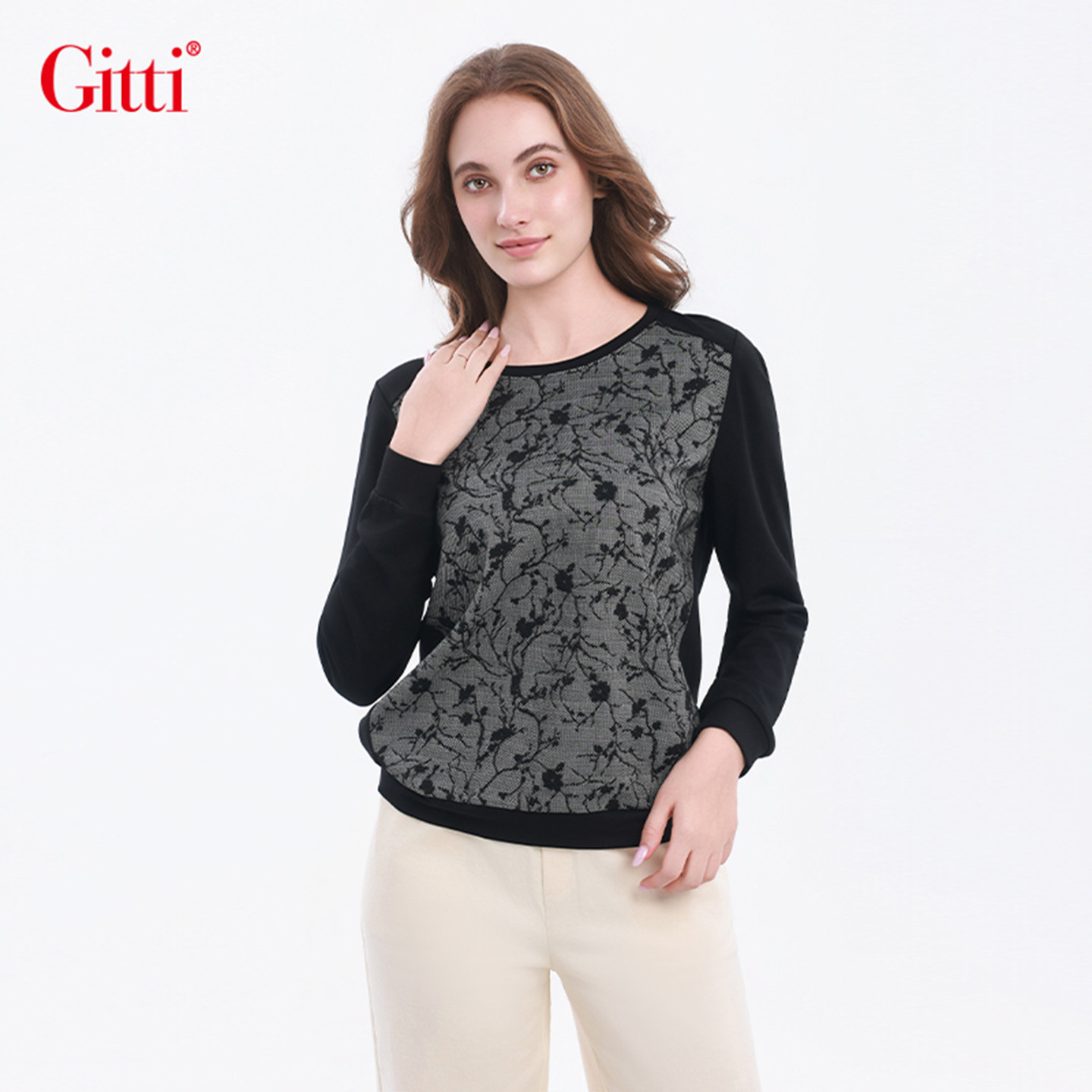 Gitti/吉蒂显瘦圆领提花拼接卫衣女针织大码上衣G265141