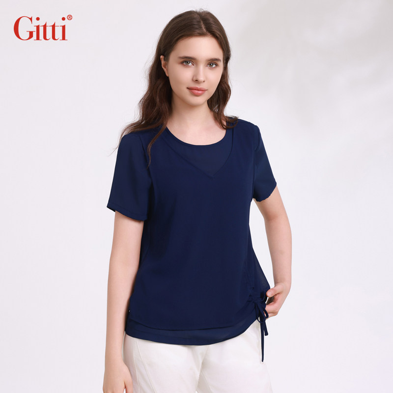 Gitti/吉蒂慵懒下摆抽绳假两件拼接短袖女宽松大码圆领T恤G251659