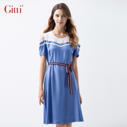 Gitti/吉蒂夏季新款圆领撞色拼接长裙束腰修身连衣裙G202210