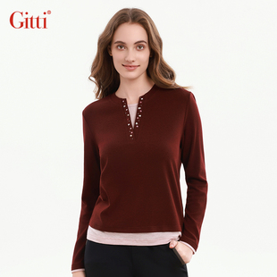 Gitti/吉蒂修身假两件拼接显瘦针织衫女棉优雅V领打底上衣G255521