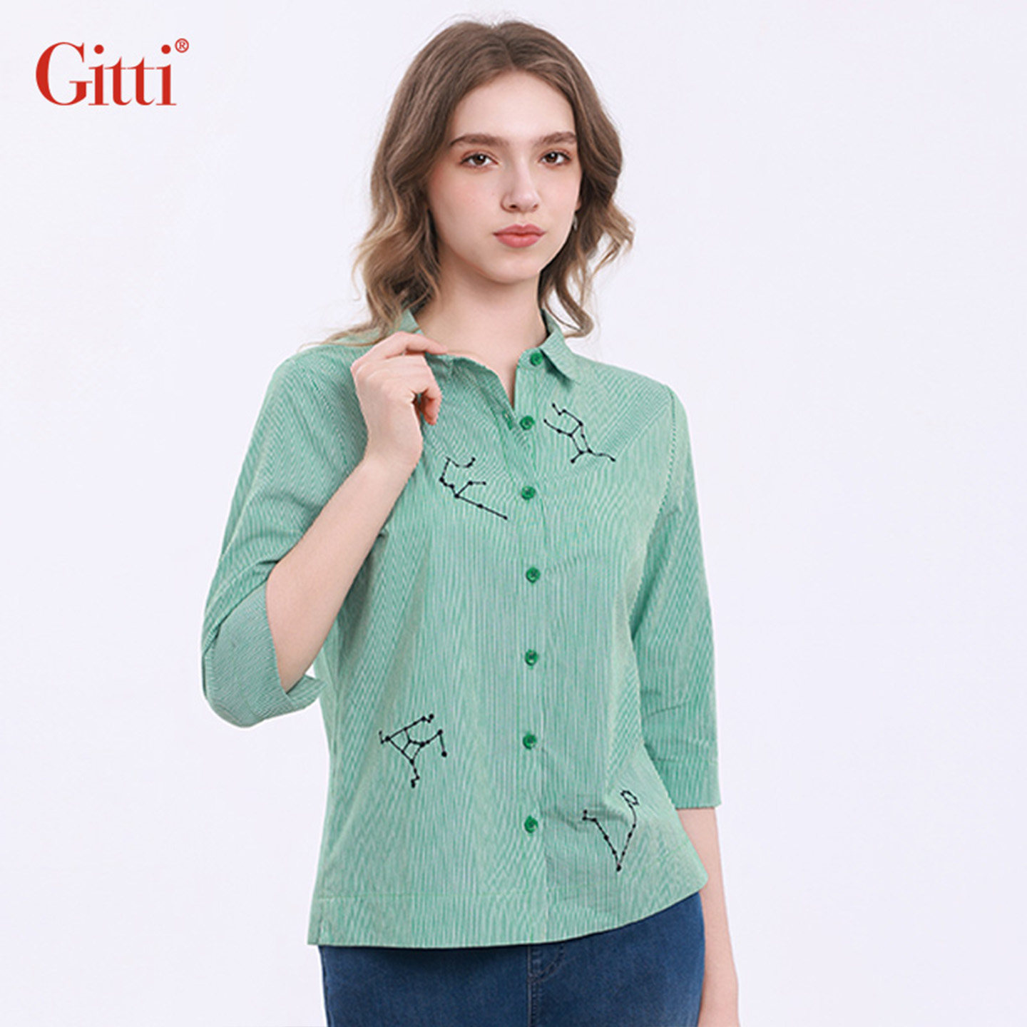 Gitti/吉蒂刺绣车花五分袖衬衫女棉舒适亲肤中袖衬衣G261173