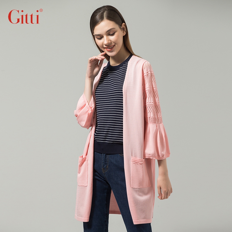 Gitti/吉蒂中长款修身显瘦毛针织衫女镂空拼贴开衫空调衫G201181