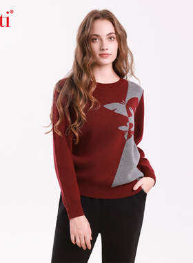 Gitti/吉蒂拼色提花绵羊毛针织衫女宽松大码圆领毛衣G255281