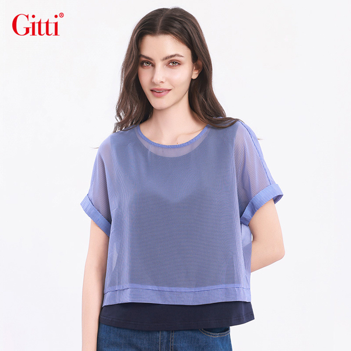Gitti/吉蒂假两件拼接条纹挽边短袖女宽松大码圆领T恤G261576 - 实物图