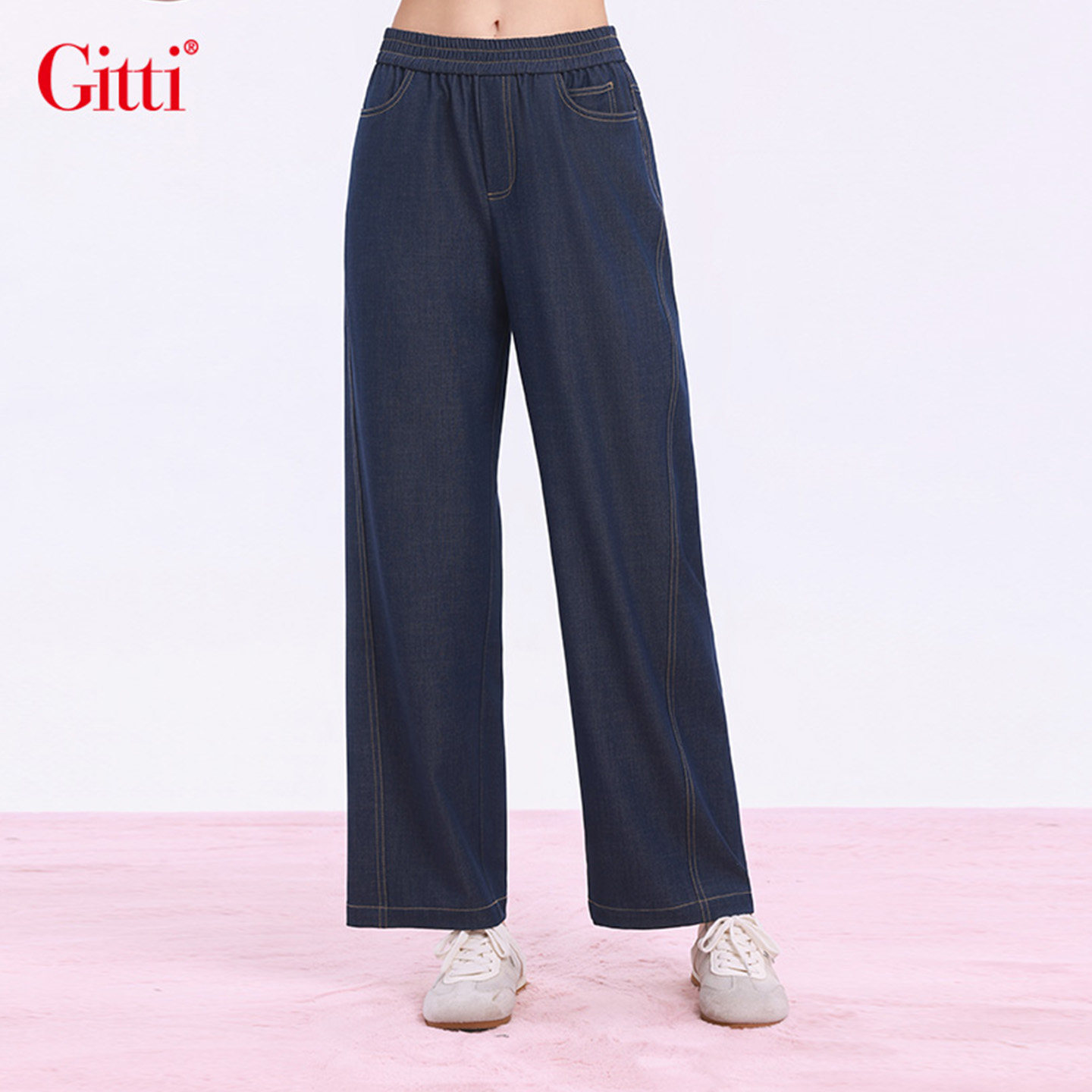 Gitti/吉蒂松紧腰宽松大码直筒牛仔裤女弹力百搭长裤G261559