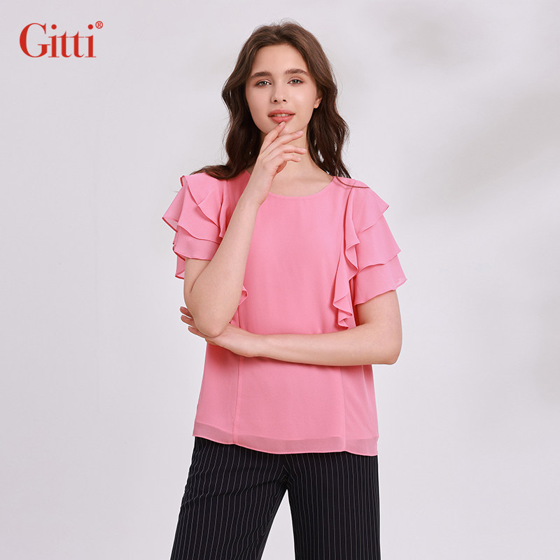 Gitti/吉蒂新品木耳花边拼接雪纺衫女宽松大码圆领上衣G251596