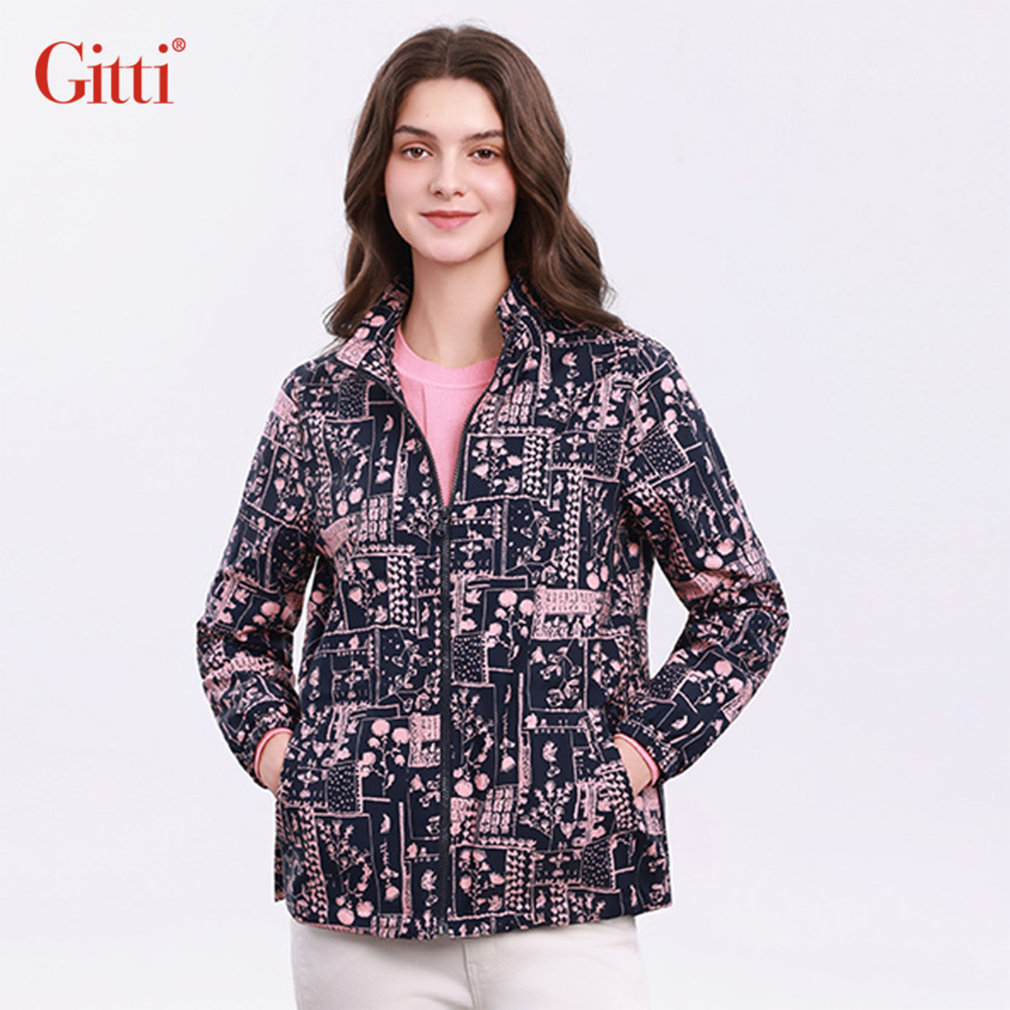 花卉印花立领外套女收腰大码风衣