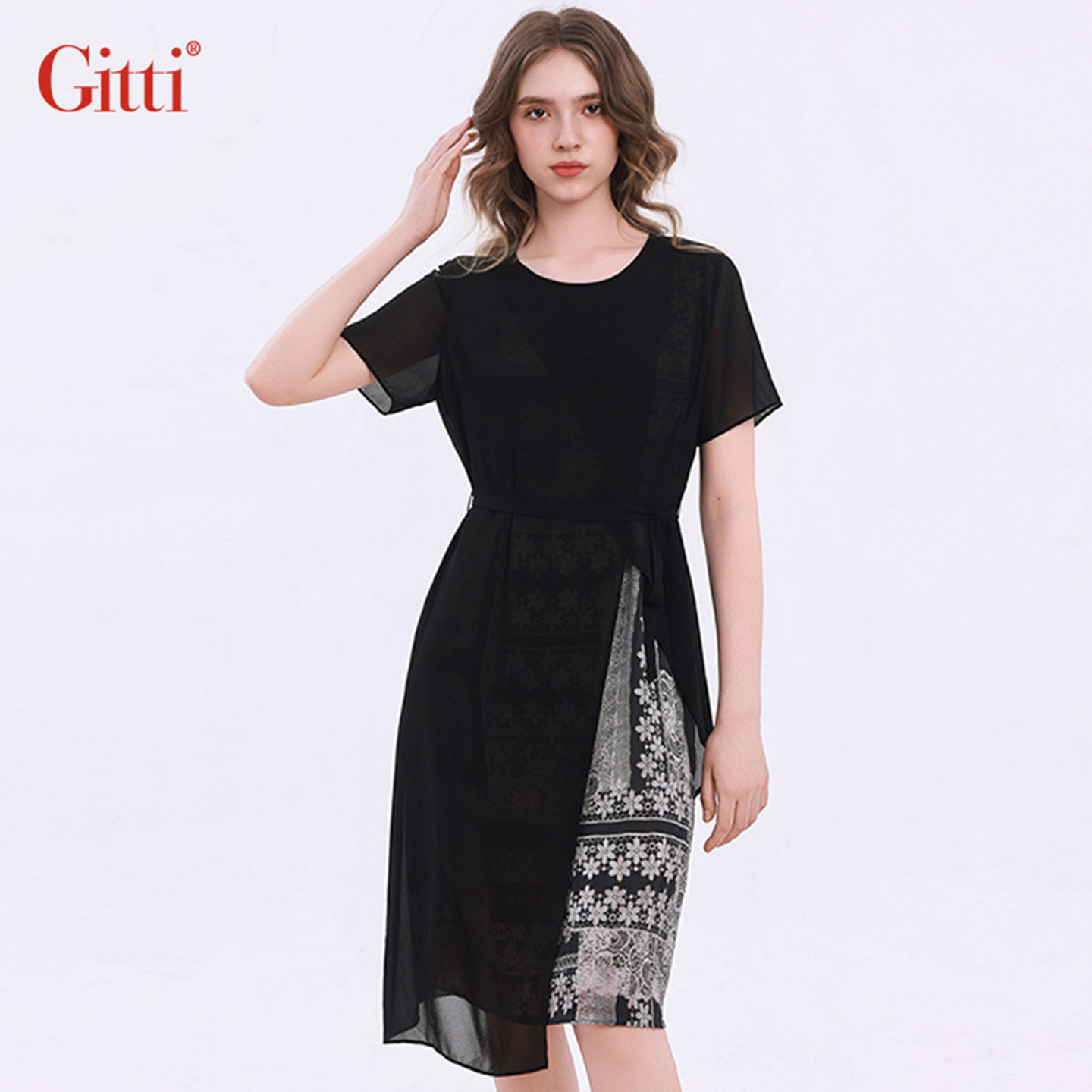 Gitti/吉蒂收腰显瘦印花拼接雪纺连衣裙女圆领裙子G261230