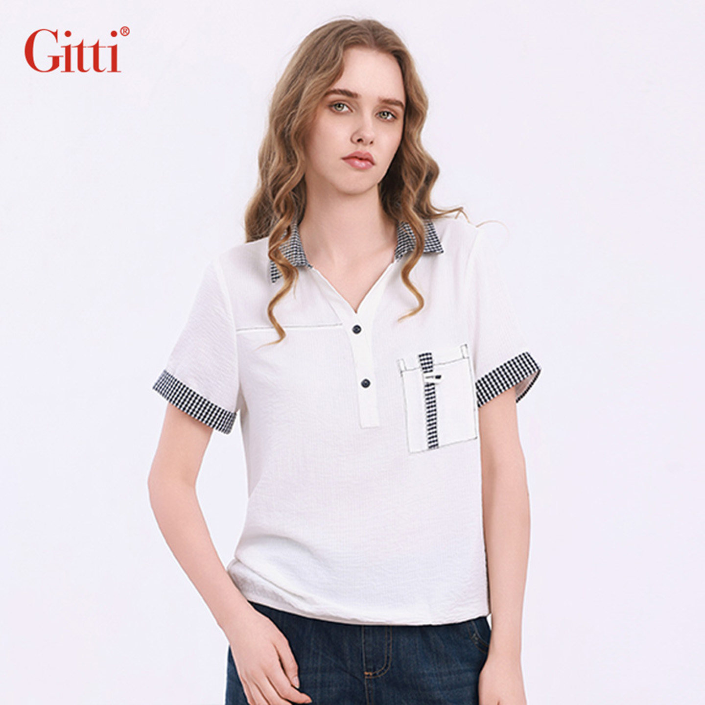Gitti/吉蒂撞色格子剪刀领POLO衫女大码文艺口袋短袖上衣G261313