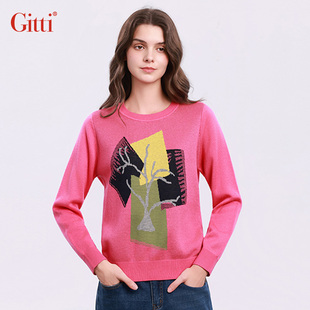 Gitti/吉蒂绵羊毛提花圆领针织衫女宽松大码毛衣G255285