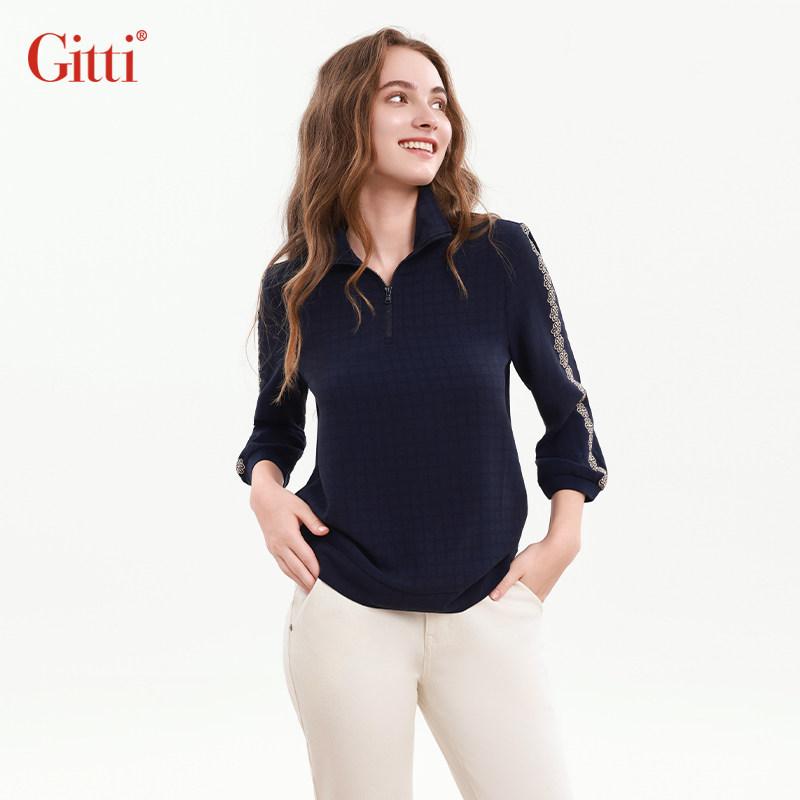 大码花朵格子立领中袖T恤