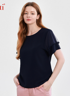 Gitti/吉蒂新品减龄蕾丝花边圆领T恤女宽松大码短袖上衣G251031