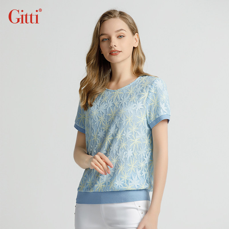 Gitti/吉蒂时尚夏款甜美大码蕾丝衫女棉螺纹拼接圆领短袖G231206