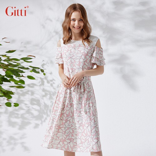 Gitti/吉蒂圆领修身系腰A字连衣裙女露肩荷叶袖印花长裙G201983