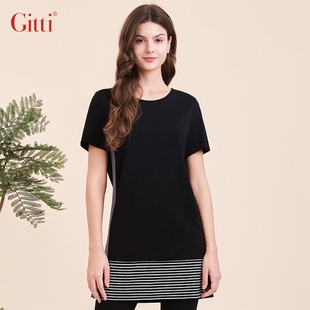 女显瘦圆领大码 横条纹拼接短袖 T恤G241585 吉蒂中长款 Gitti