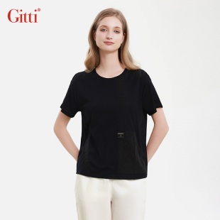 Gitti G251207 顯瘦減齡T恤女圓領(lǐng)口袋拼接短袖 吉蒂春夏新品