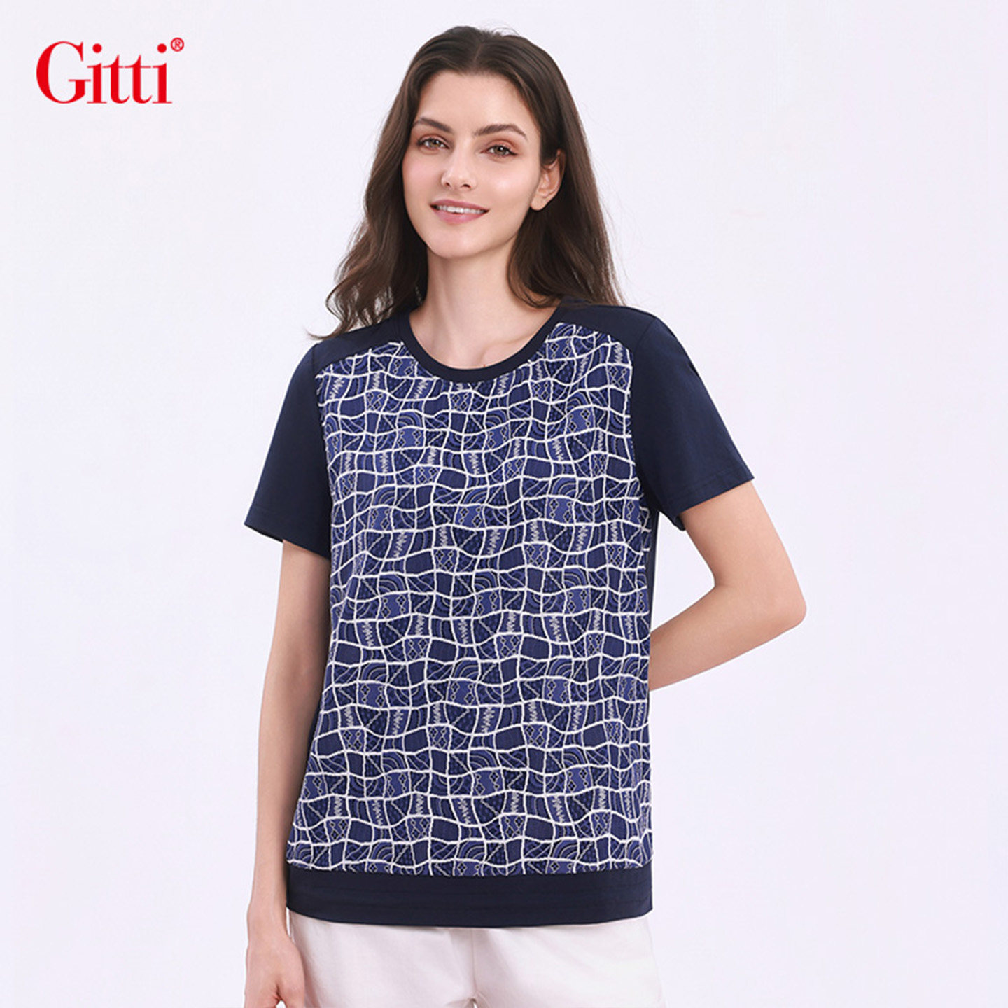 Gitti/吉蒂下摆抽绳圆领蕾丝拼接T恤女棉宽松大码短袖上衣G261182
