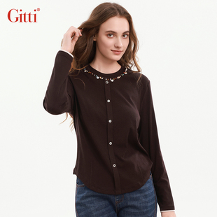 Gitti/吉蒂优雅手工订珠圆领针织衫女棉舒适立体剪裁毛衣G255519