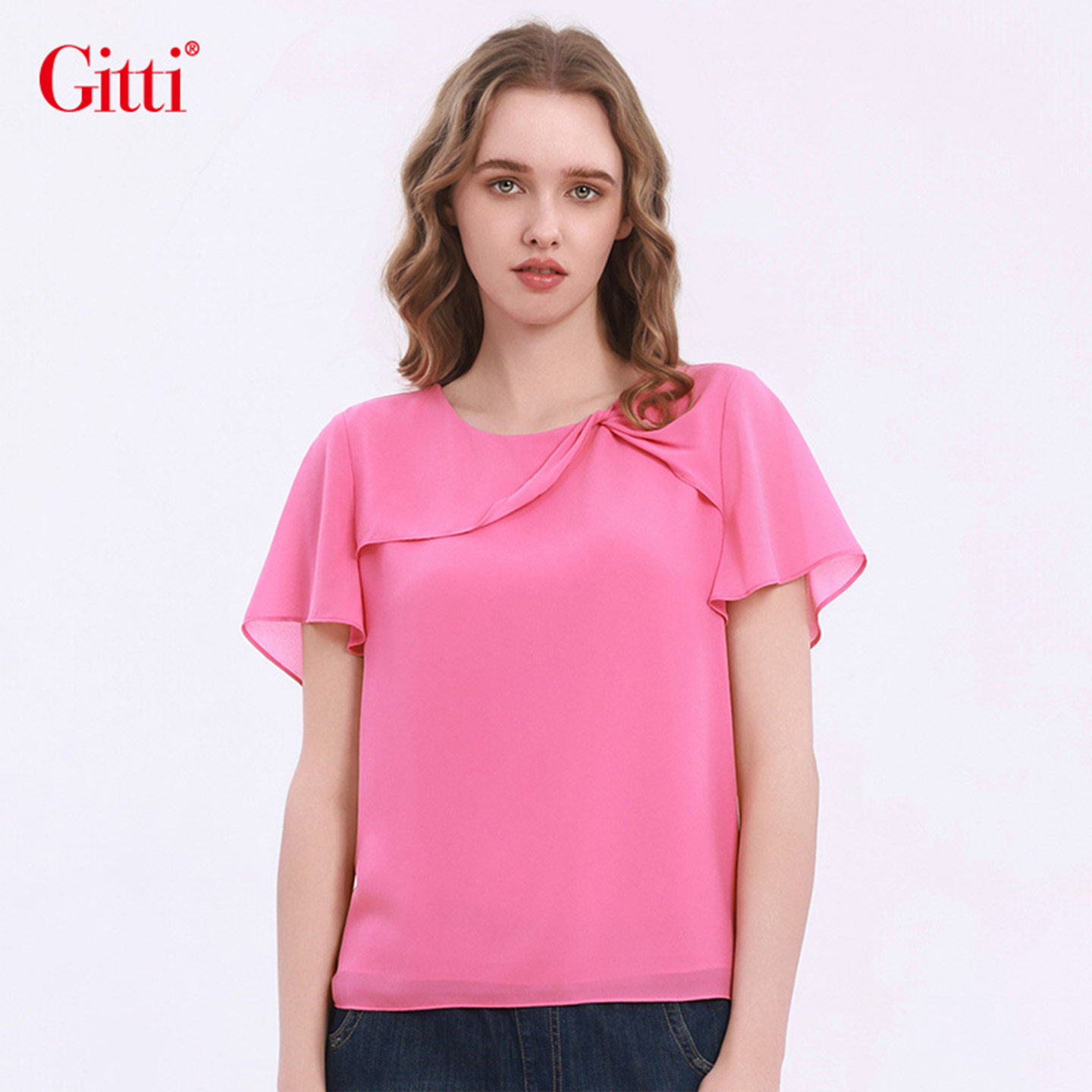 Gitti/吉蒂荷叶边假两件拼接雪纺衫女显瘦大码短袖上衣G261380